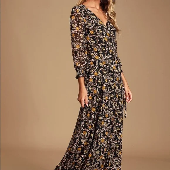 Lulus | Dresses | Lulus Meet Me There Black Multi Floral Print Wrap Maxi  Dress | Poshmark